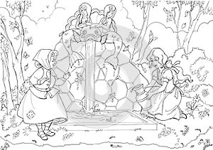 Large horizontal coloring page with old lady and fairytale beautiful heroine near forest waterfall