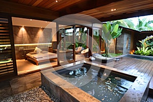 A large hot tub in a bedroom with sliding glass doors, AI