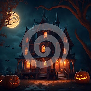 a large house in the dark with pumpkins around it