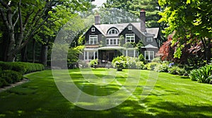 A large house with lush green grass and trees