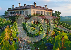 Large house in vineyard fields waiting for this year grapes harvest on sunny summer day.Macro.AI Generative