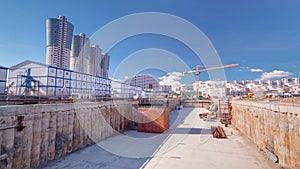 A large huge ditch pit tunnel timelapse at the construction site of the underground metro station line.