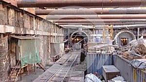 A large huge ditch pit tunnel timelapse at the construction site of the underground metro station line.