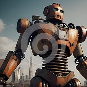 A large, humanoid robot with a design that evokes a sense of retro-futurism.