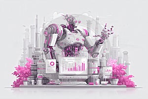 Futuristic robot in a tech-filled environment analyzing data and interacting with screens
