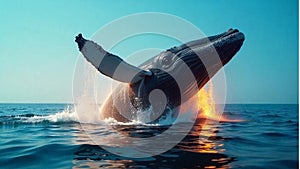 A large humpback whale breaching the surface of the ocean