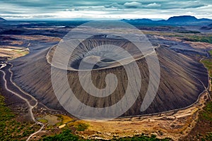 Large Hverfjall volcano crater is Tephra cone or Tuff ring volcano on gloomy day in Myvatn area at Iceland