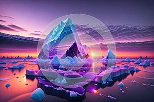 a large iceberg floating in the ocean at sunset background by AI Generated