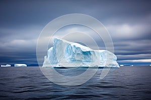 large iceberg floating in open sea under a precipitating sky