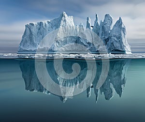 A large iceberg floating in the water with a reflection of it, AI