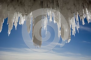 Large icicles in the Apostle Islands Ice Caves on frozen Lake Superior