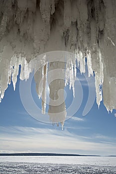 Large icicles in the Apostle Islands Ice Caves on frozen Lake Superior