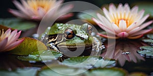 a large image of a frog lying in water in the middle of the slime and Lily pads.