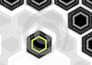 Large image with hexagons with a black background and white spaces with a yellow hexagon for reference