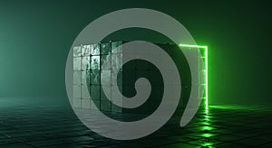 Sci fi data storage cube glowing in a dark room