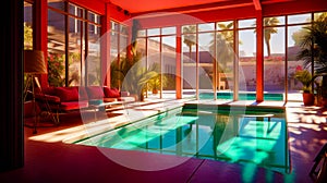 Large indoor swimming pool with red couches and view of palm trees. Generative AI