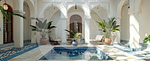 Large Indoor Swimming Pool Surrounded by Potted Plants