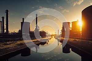 a large industrial area with a body of water in the foreground and a factory in the background at sunset