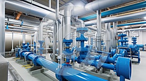 Large industrial boiler room and water treatment facility, blue pumps, shiny stainless metal pipes, and valves