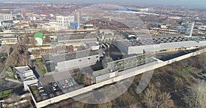 Large industrial complex top view, modern factory near the lake drone view