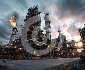 A large industrial complex with towering structures and pipes, illuminated under a dramatic sky. The image captures the scale and