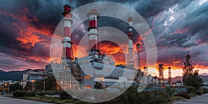 A large industrial complex with towering structures and pipes, illuminated under a dramatic sky. The image captures the scale and
