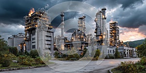A large industrial complex with towering structures and pipes, illuminated under a dramatic sky. The image captures the scale and