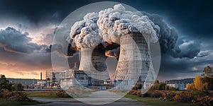 A large industrial complex with towering structures and pipes, illuminated under a dramatic sky. The image captures the scale and