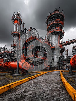 A large industrial complex with towering structures and pipes, illuminated under a dramatic sky. The image captures the scale and