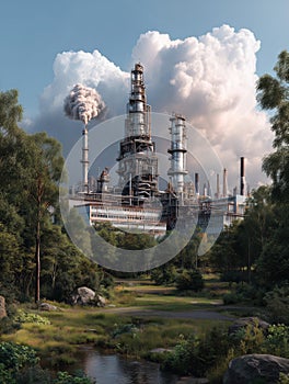 A large industrial complex with towering structures and pipes, illuminated under a dramatic sky. The image captures the scale and