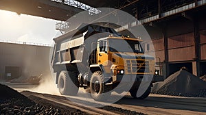 Large industrial dump truck unloading ore at a processing plant