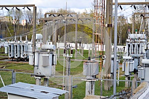 Large industrial iron metal transformer substation with transformers and high-voltage electrical equipment