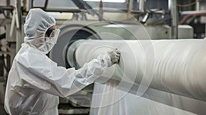 Beside a large industrial machine a worker dons protective gear as they load in a roll of advanced fabric material