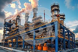 Large industrial oil refinery with pipes and distillation columns at sunset under a moody sky