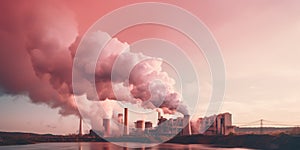 Large industrial plant with pink smoke from the chimney , concept of Pollution