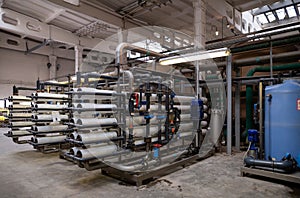 A large industrial set installation of reverse osmosis system and nanofiltration membranes for water treatment