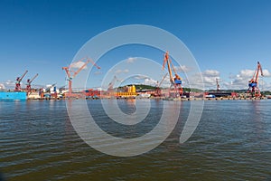 Large industrial shipping harbour in Gothenburg,