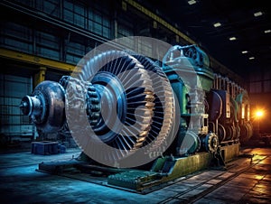 Large industrial turbine in dark room