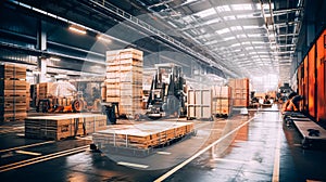 Large industrial warehouse. Large cardboard boxes sit on pallets, loading docks. Stacks of boxes in logistics warehouse