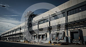 A large industrial warehouse with a long row of loading docks and overhead doors.