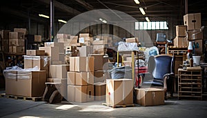 Large industrial warehouse with storage shelves and stacks of cardboard boxes in the background