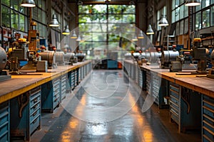 Large industrial workshop interior with workbenches and bright windows in the background