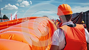 A large inflatable barrier being deployed to safely control the movement of a chaotic crowd.