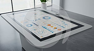 Large interactive touchscreen table displaying various data visualizations, including
