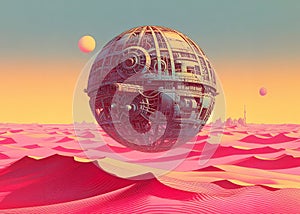 A large, intricately detailed spherical structure floating above undulating pink sand dunes under a pink-hued alien landscape.