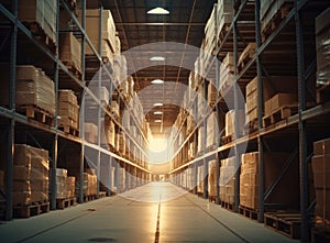 Large Inventory. Warehouse Goods Stock for Logistic shipping banner background. Created with Generative AI technology.