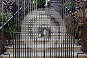 A large iron gate with a intricate design leading up to a house