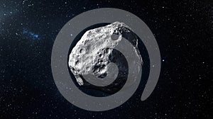 A large, irregularly shaped asteroid in space.