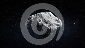 A large, irregularly shaped gray asteroid in space.