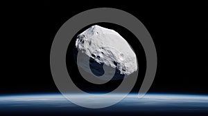 A large, irregularly shaped white asteroid in space.